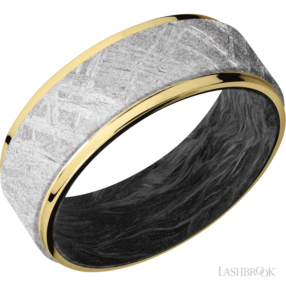 10K Yellow Gold with Polish Finish and Meteorite Inlay and Forged Carbon Fiber - 8MM