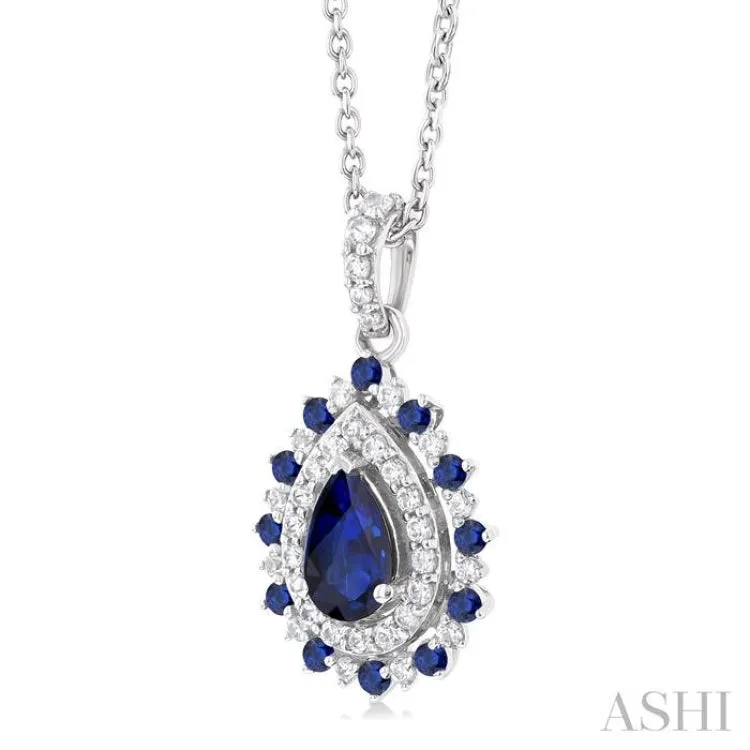 1/4 ctw Floral 6X4 MM Oval & 1.55 MM Round Cut Sapphire and Round Cut Diamond Precious Pendant With Chain in 14K White Gold