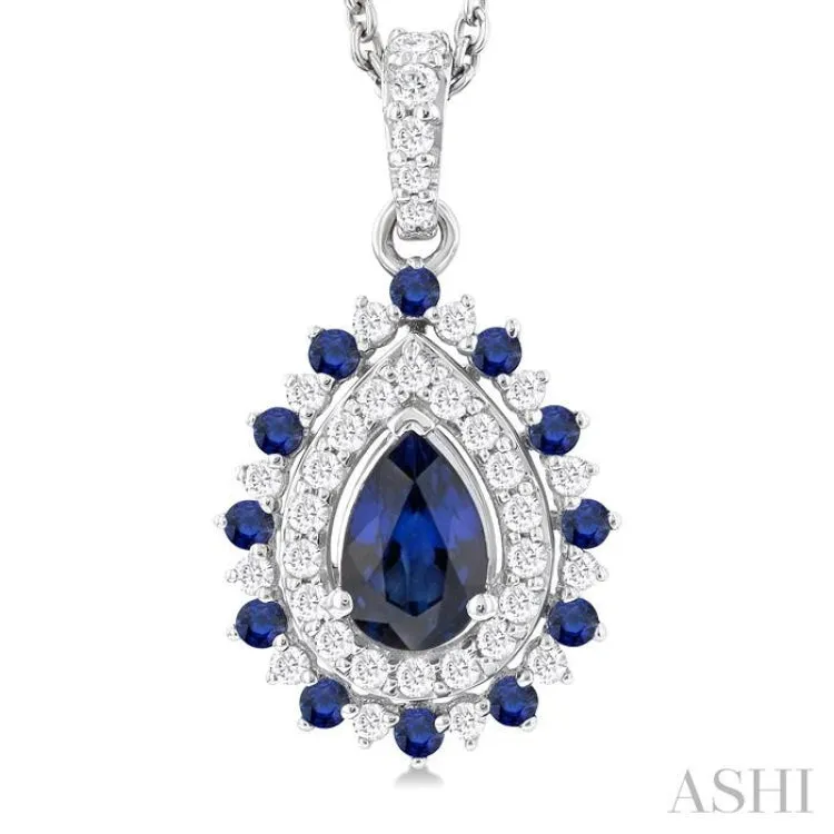 1/4 ctw Floral 6X4MM Oval & 1.55MM Round Cut Sapphire and Round Cut Diamond Precious Pendant With Chain in 14K White Gold