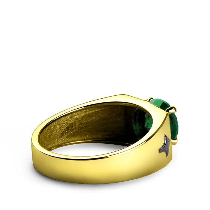 14k Yellow Gold Men's Ring with Green Emerald Gemstone