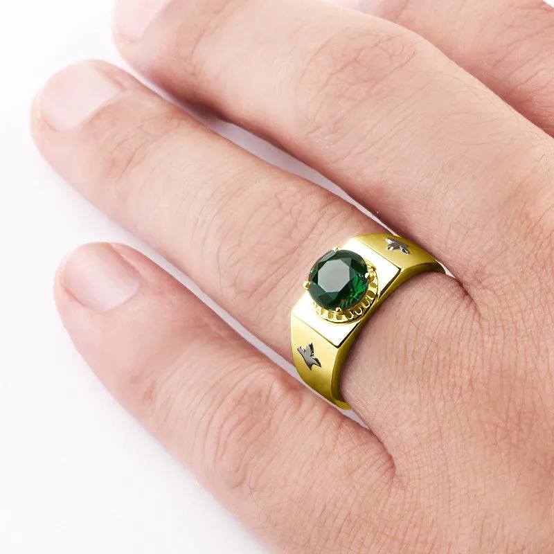 14k Yellow Gold Men's Ring with Green Emerald Gemstone