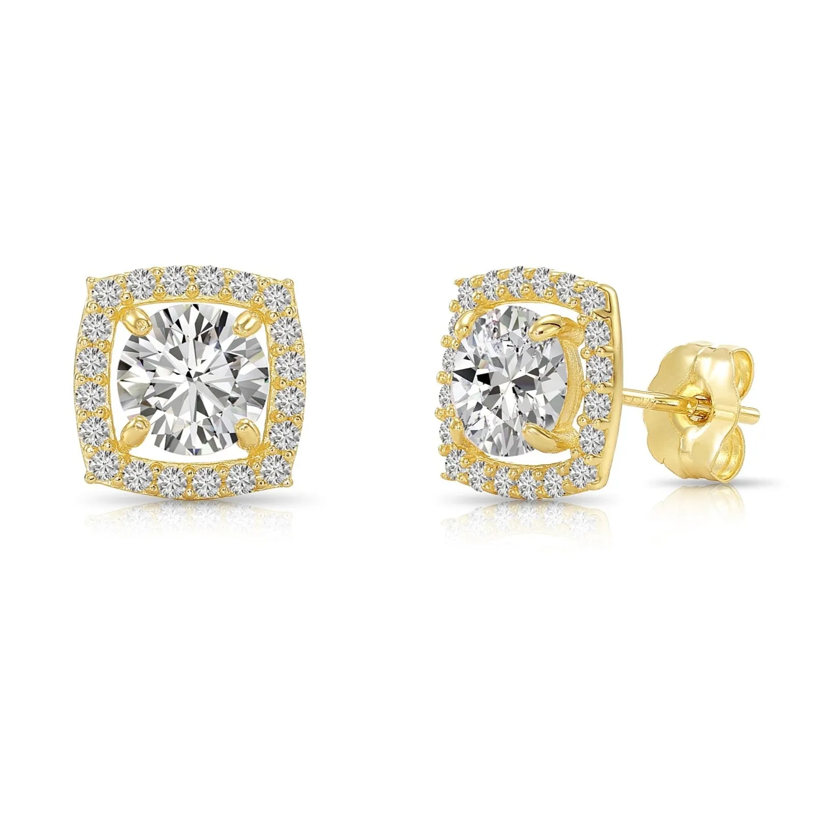 14k Yellow Gold Round CZ Halo Stud Earrings, Brilliant-Cut Cushion Halo Design Studs, With Secure Screw-Backs