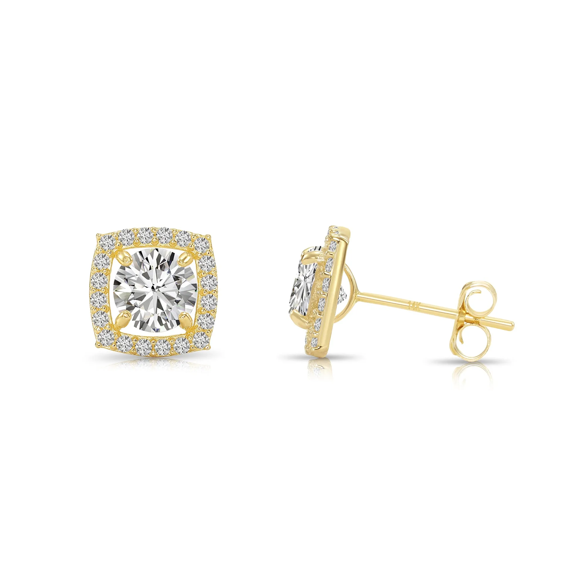 14k Yellow Gold Round CZ Halo Stud Earrings, Brilliant-Cut Cushion Halo Design Studs, With Secure Screw-Backs