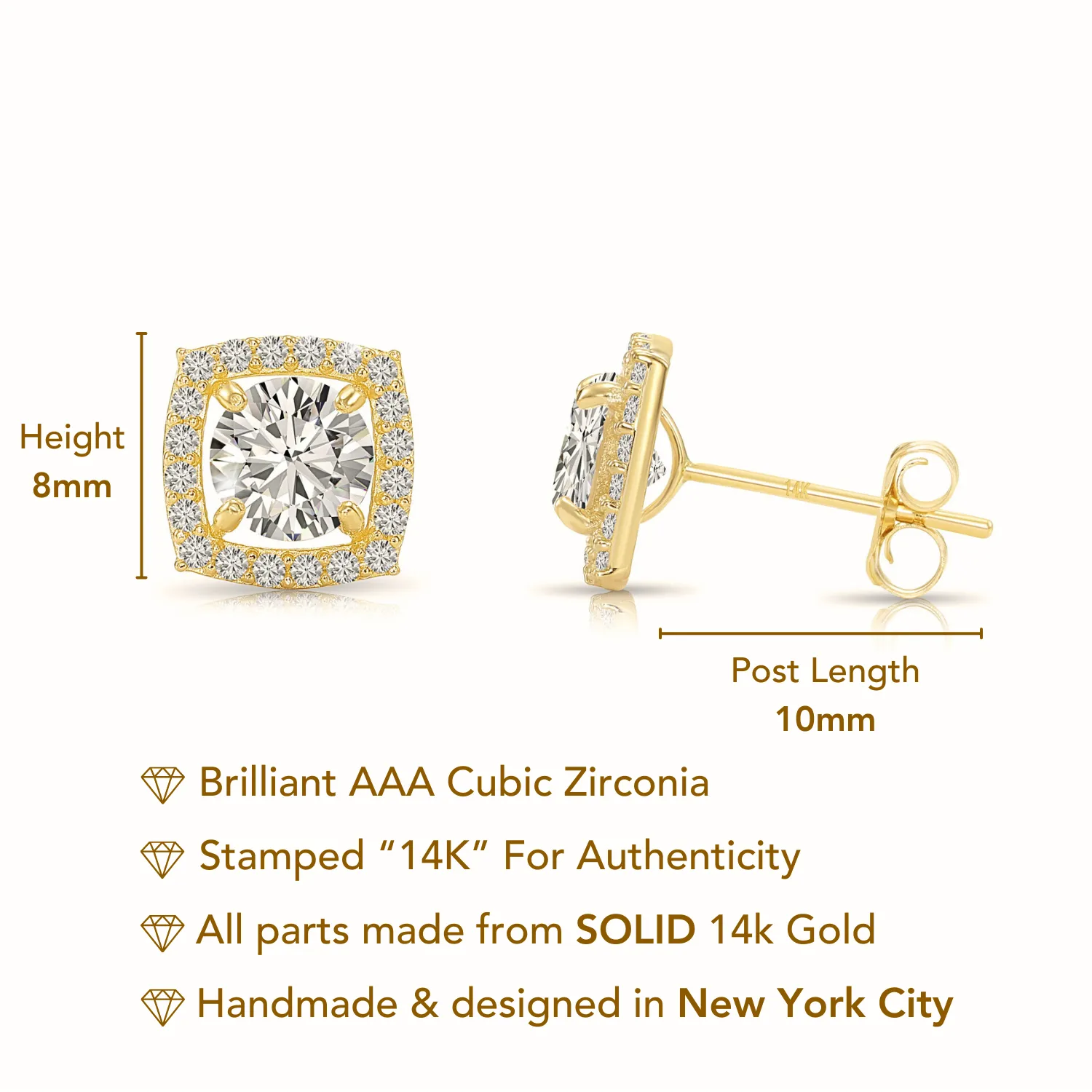 14k Yellow Gold Round CZ Halo Stud Earrings, Brilliant-Cut Cushion Halo Design Studs, With Secure Screw-Backs