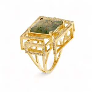 14K Yellow gold solid antra deco green quartz ring-2000