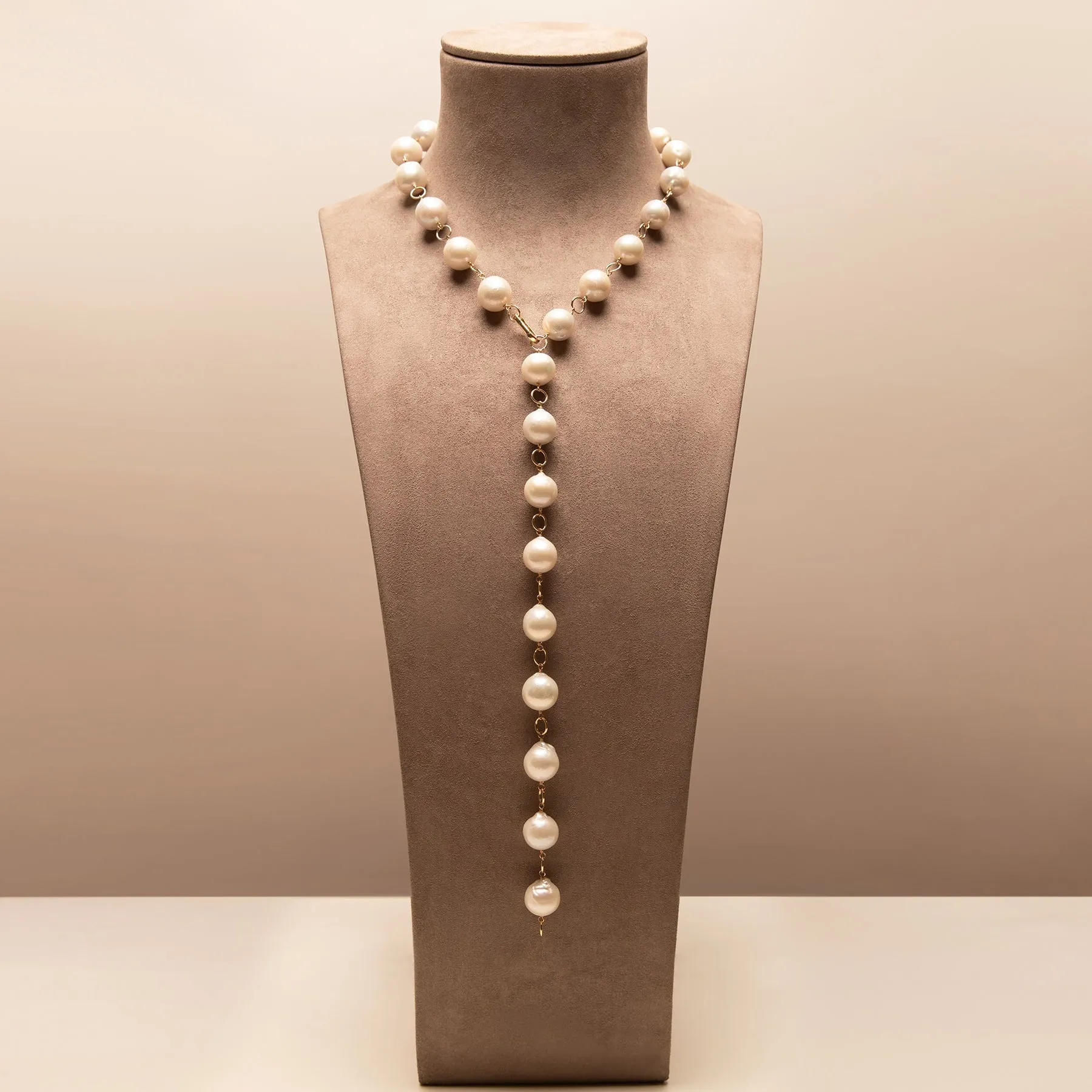 14KT Yellow Gold Link White Pearl Baroque Lariat Necklace