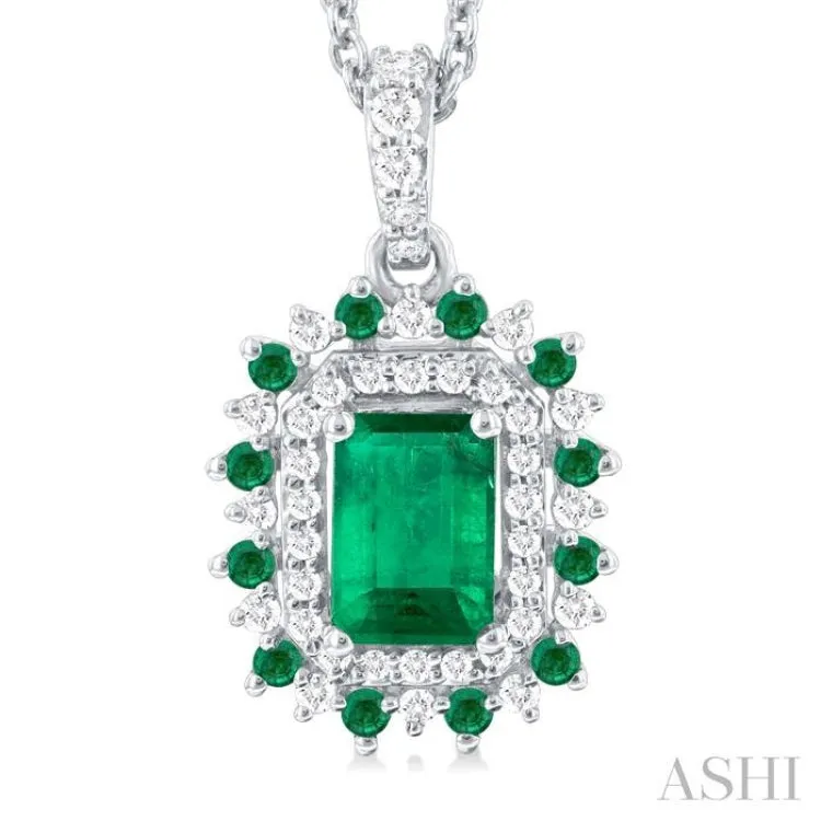 1/5 ctw Floral 6X4MM Emerald & 1.55MM Round Cut Emerald and Round Cut Diamond Precious Pendant With Chain in 14K White Gold