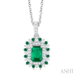 1/5 ctw Floral 6X4MM Emerald & 1.55MM Round Cut Emerald and Round Cut Diamond Precious Pendant With Chain in 14K White Gold