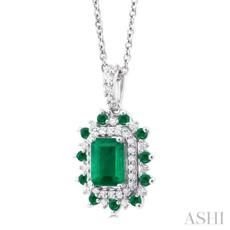 1/5 ctw Floral 6X4MM Emerald & 1.55MM Round Cut Emerald and Round Cut Diamond Precious Pendant With Chain in 14K White Gold