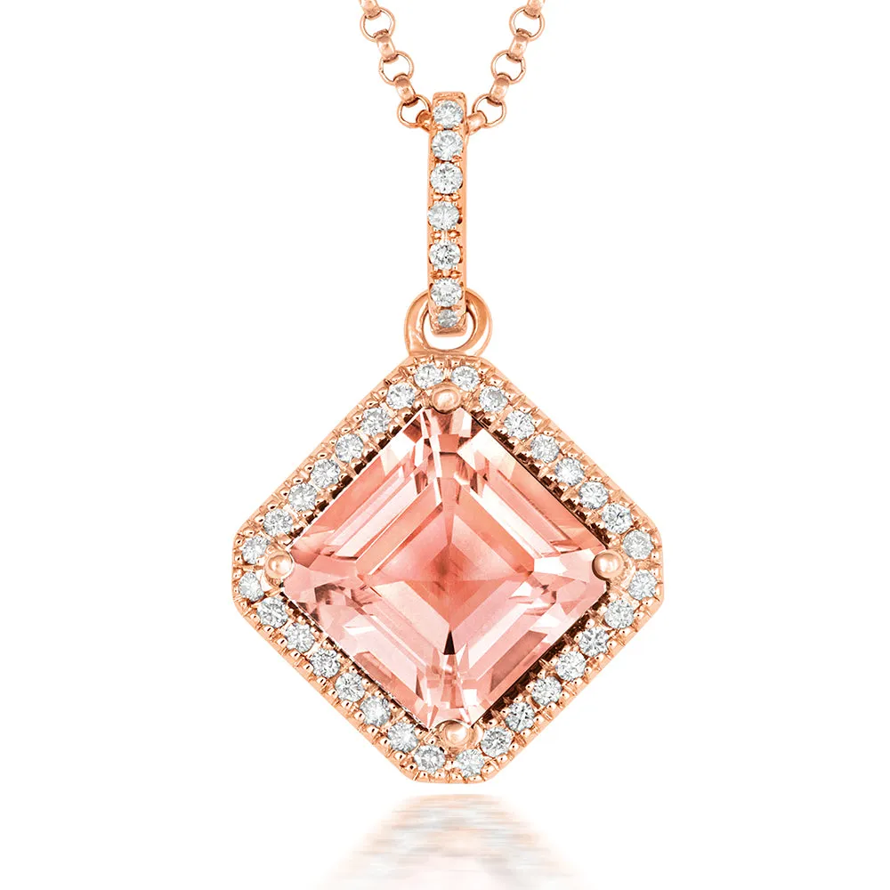 18ct Rose Gold 3.56ct Morganite Diamond Princess Cut Necklace