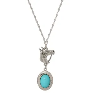 1928 Jewelry Equestrian Charm Horsehead Pendant & Turquoise Stone Locket Necklace 24"