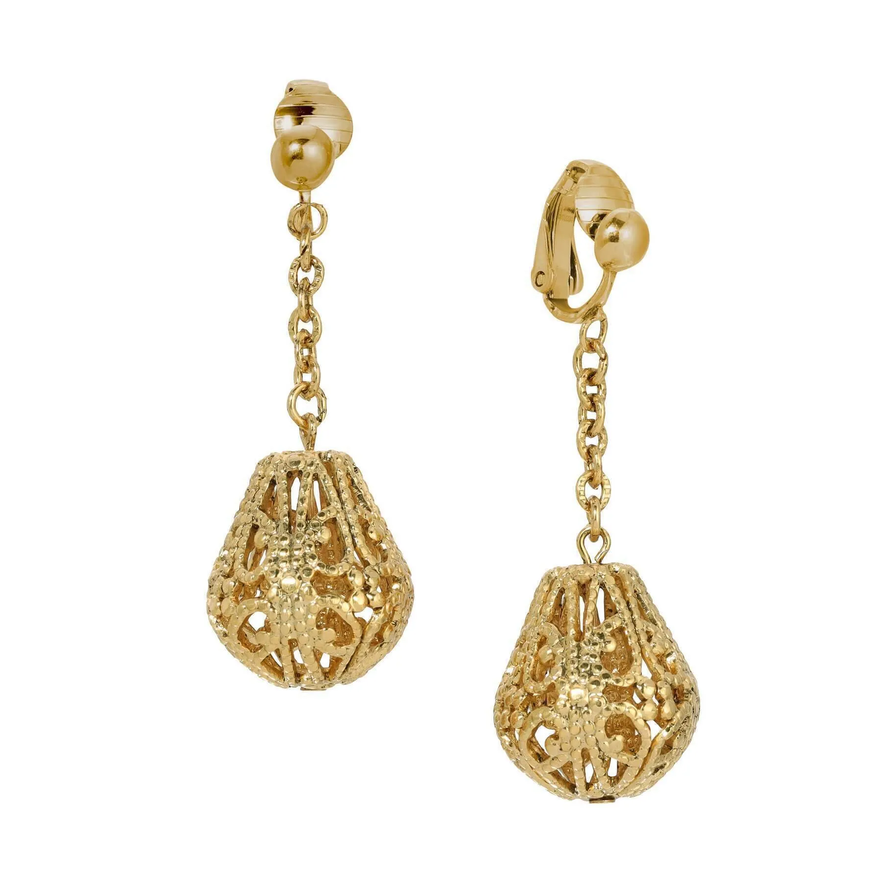 1928 Jewelry Filigree Bell Shaped Link Chain Clip Earrings