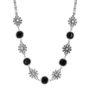 1928 Jewelry Fleawort Flower Crystal & Round Black Austrian Channel Crystal Flower Necklace 16"   3" Extension