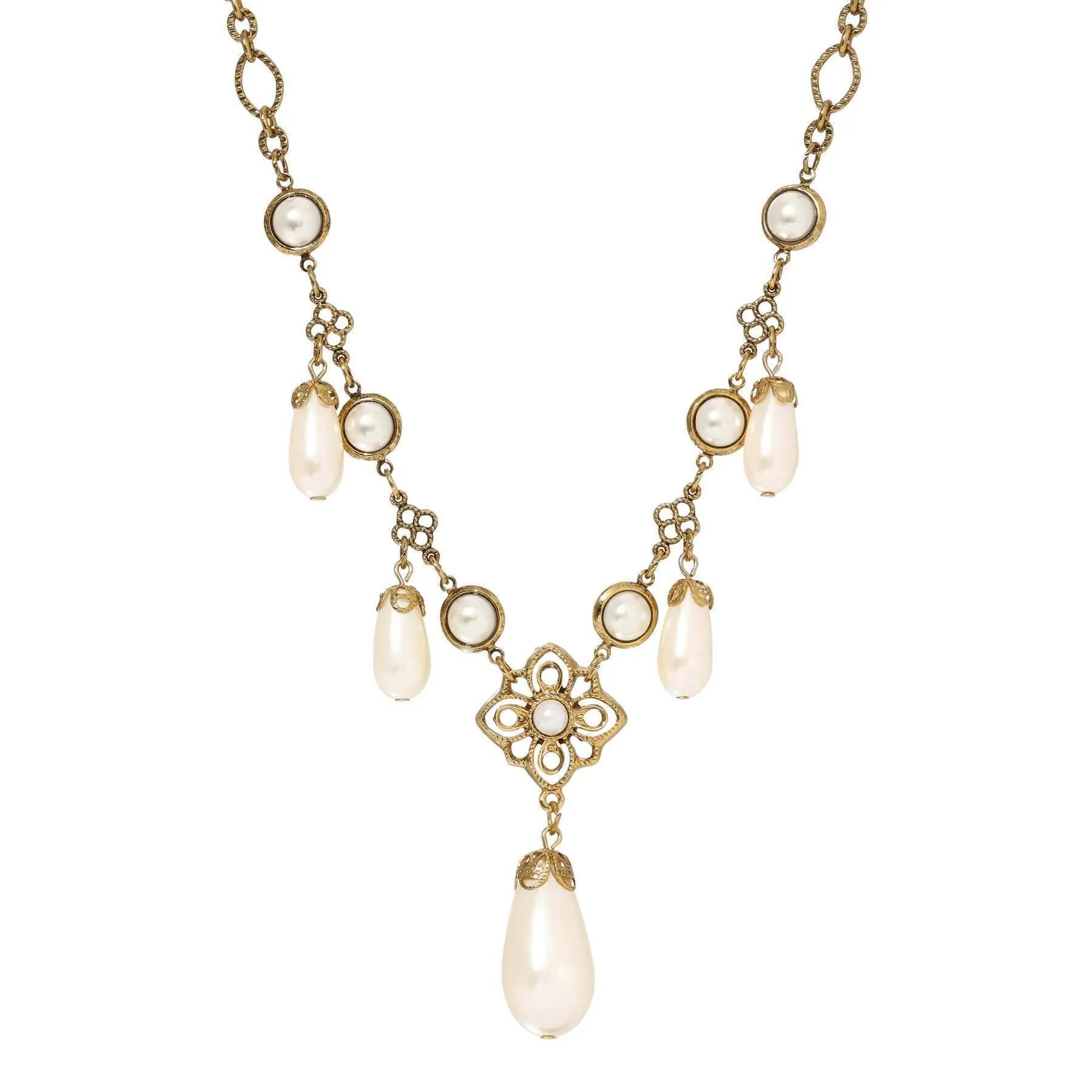 1928 Jewelry Golden Allure Teardrop Faux Pearl Pendant Necklace 15"   3" Extension