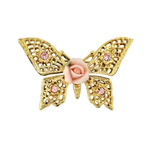 1928 Jewelry Light Rose Pink Austrian Crystal And Pink Porcelain Rose Butterfly Brooch