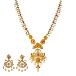 22k Yellow Gold, Gemstone, & Pearl Temple Necklace Set (93.7gm)