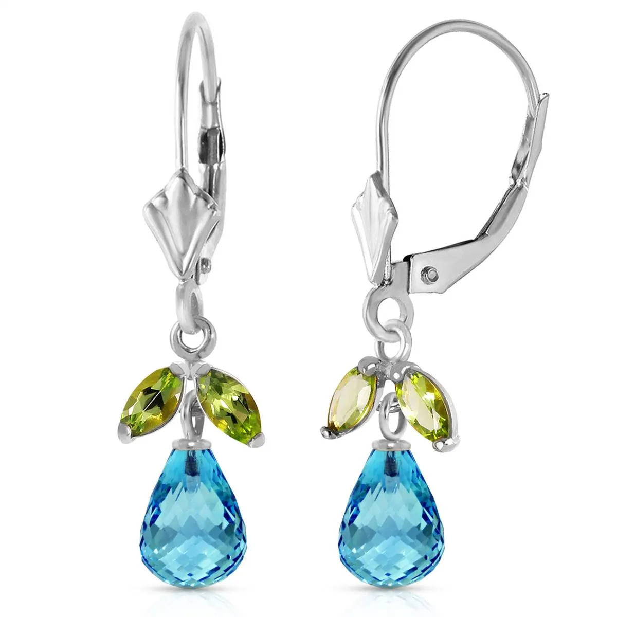 3.4 Carat 14K Solid White Gold Leverback Earrings Blue Topaz Peridot