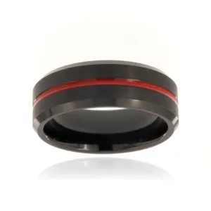 8mm Black Tungsten Carbide Men's Ring, Red Striped With Brush Finish And Beveled Edge - FREE