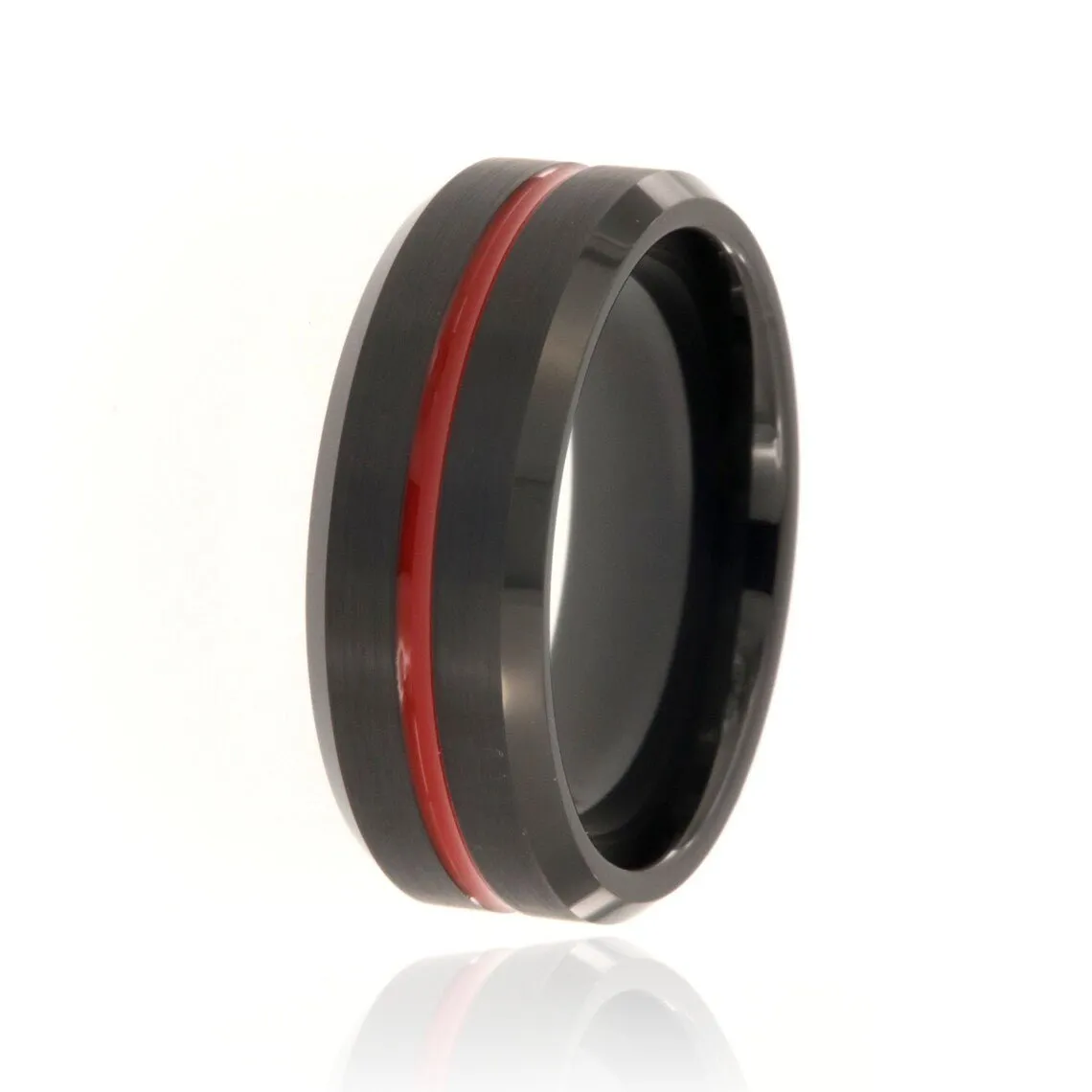 8mm Black Tungsten Carbide Men's Ring, Red Striped With Brush Finish And Beveled Edge - FREE