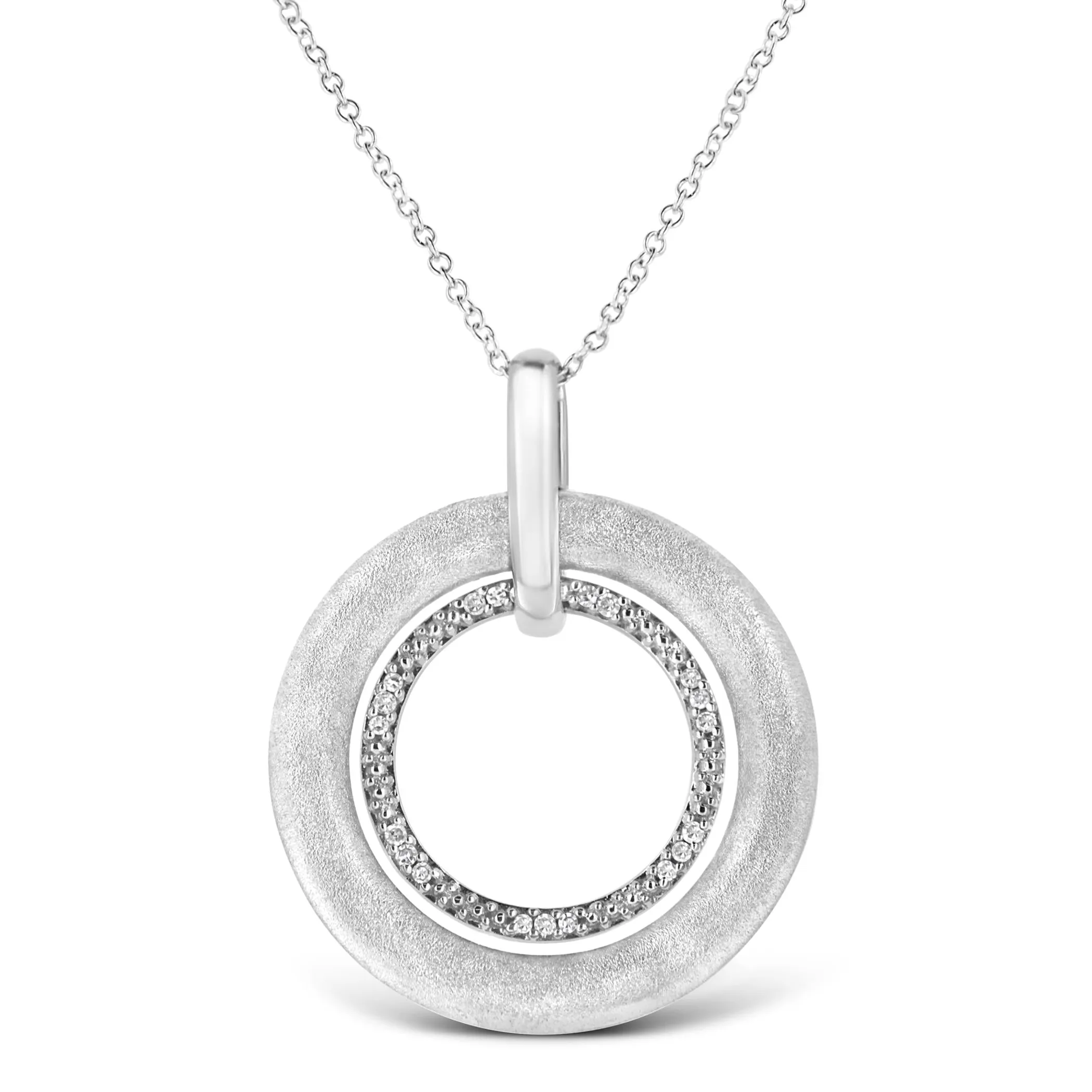 .925 Sterling Silver Prong-Set Diamond Accent Satin Finished Double Circle 18" Pendant Necklace (I-J Color, I1-I2 Clarity)