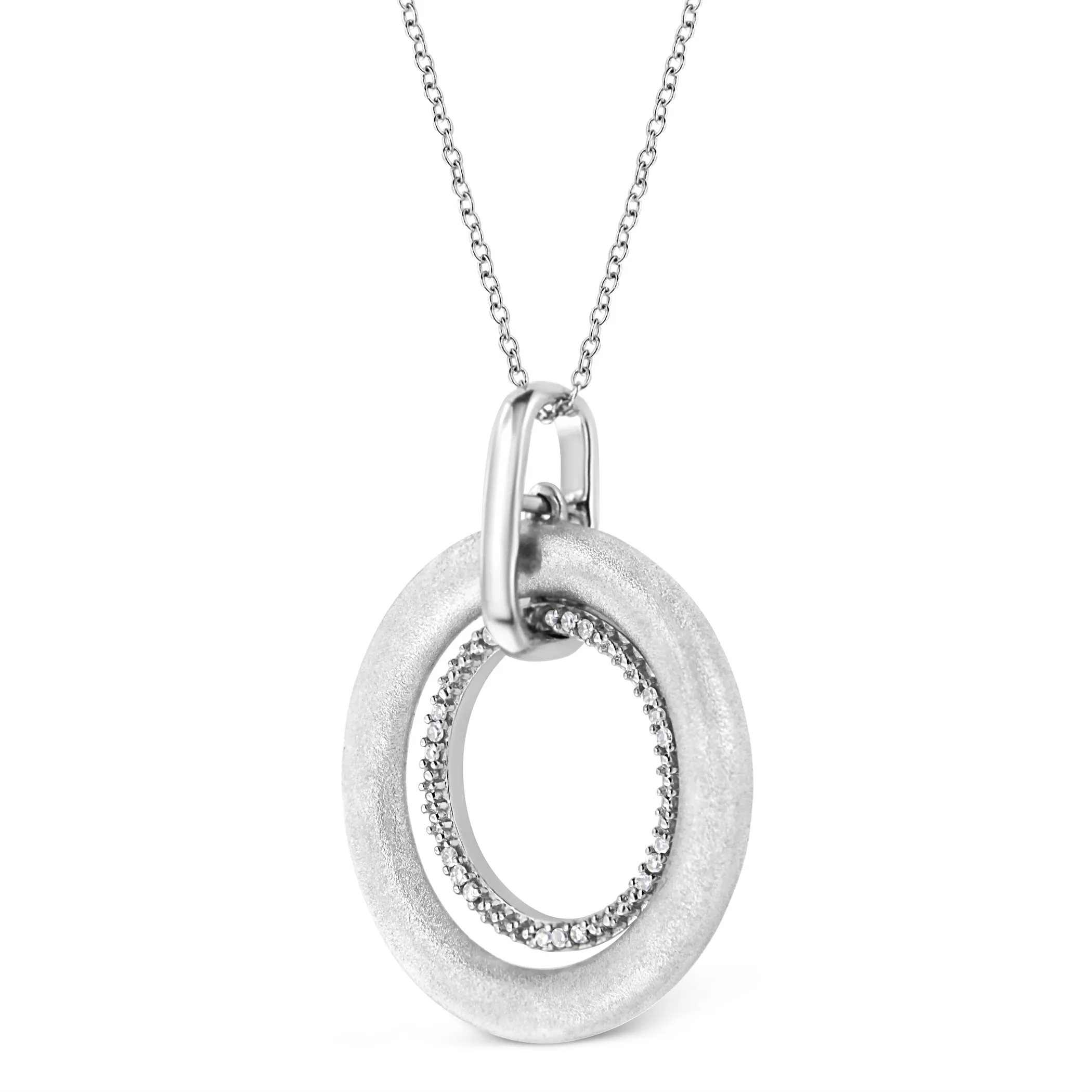 .925 Sterling Silver Prong-Set Diamond Accent Satin Finished Double Circle 18" Pendant Necklace (I-J Color, I1-I2 Clarity)