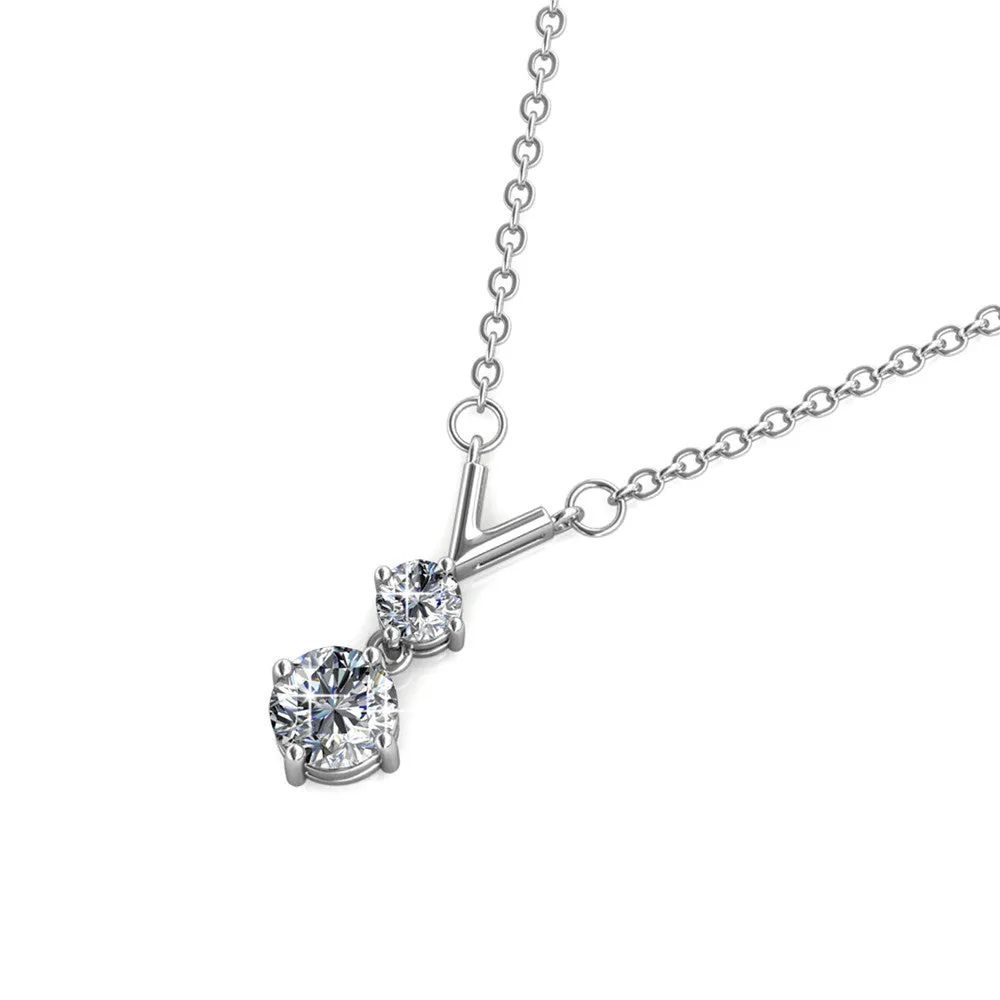 Andy Unique 18k White Gold Plated 2-Stone Pendant Necklace with Swarovski Crystals