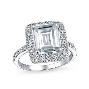 Art Deco 5CT Emerald Cut CZ Halo Engagement Ring with Thin Pave Band Silver