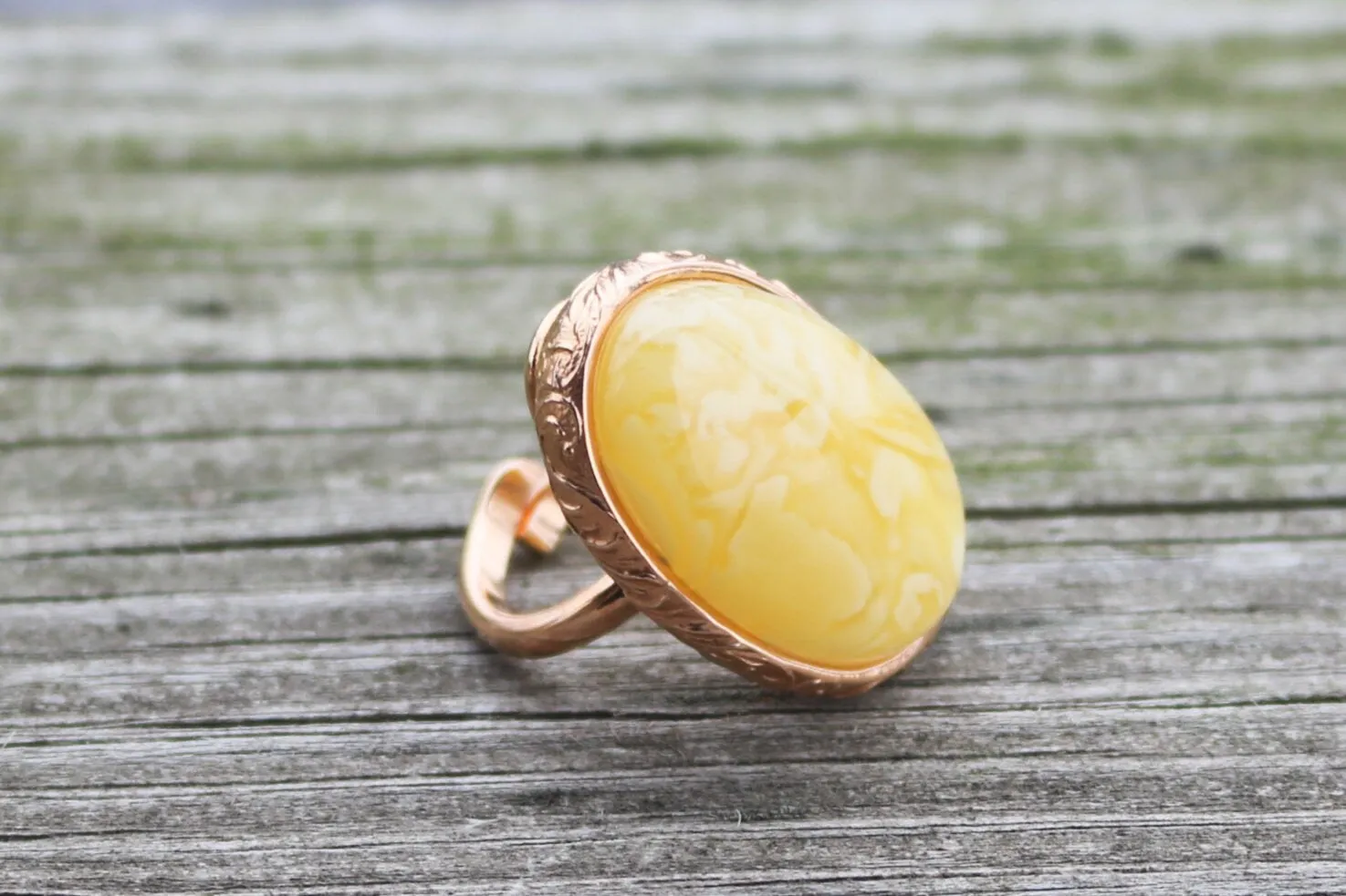 Baltic Amber Ring Gold Butterscotch Plated Adjustable Natural Untreated 13 gram