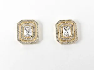 Beautiful Layered Rectangle Shape CZ Gold Tone Brass Earrings