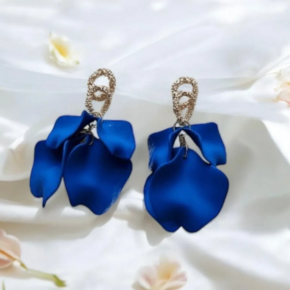 Blue - Dark blue flower earrings | dangle petals baroque earrings | unique gold geometric floral earrings | bridal party wedding earrings