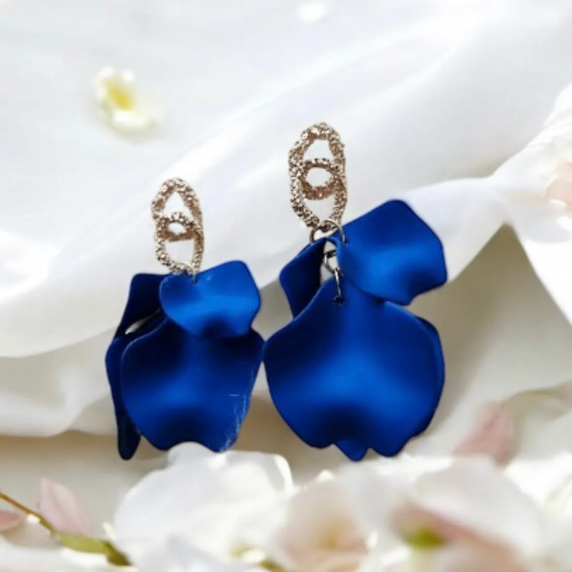 Blue - Dark blue flower earrings | dangle petals baroque earrings | unique gold geometric floral earrings | bridal party wedding earrings