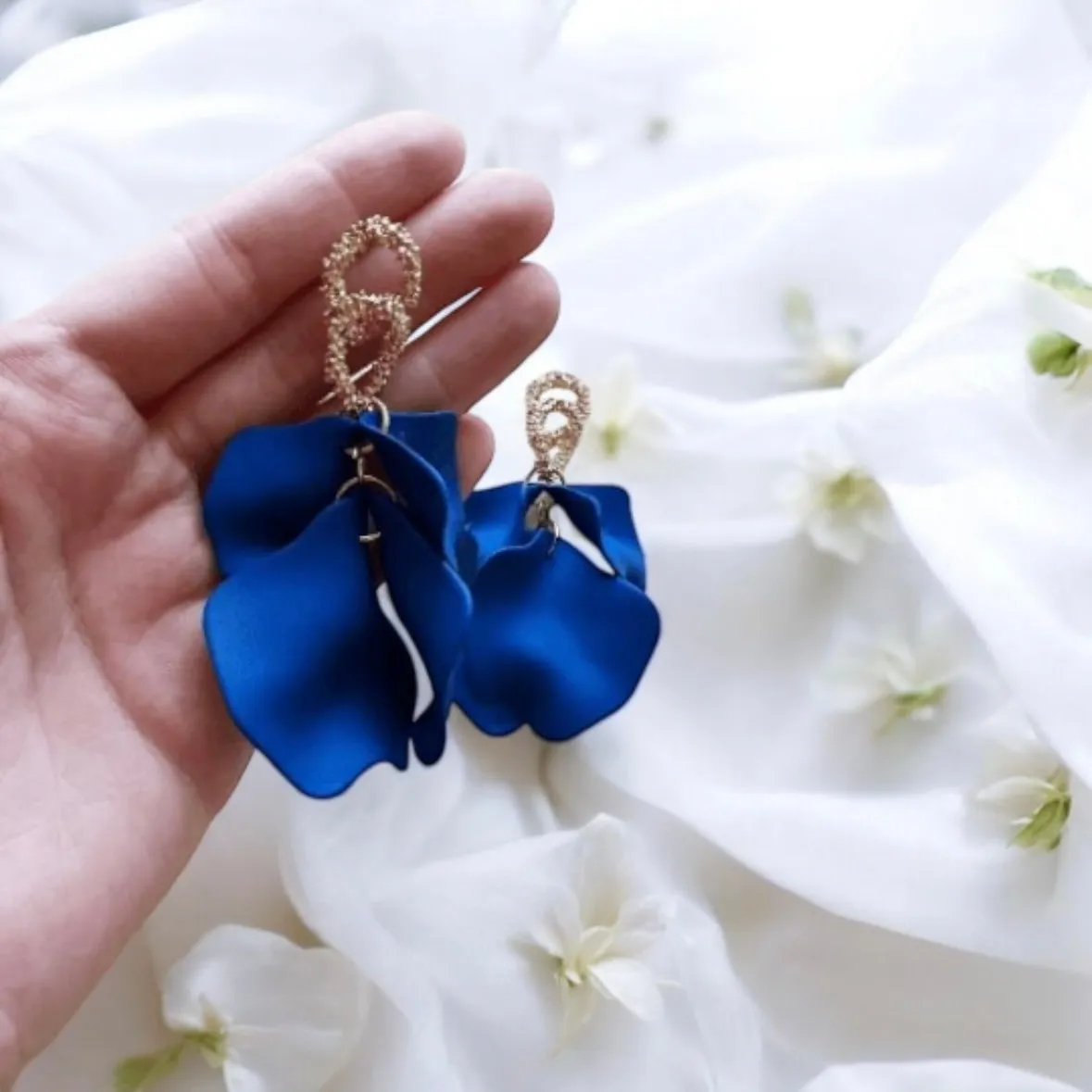 Blue - Dark blue flower earrings | dangle petals baroque earrings | unique gold geometric floral earrings | bridal party wedding earrings