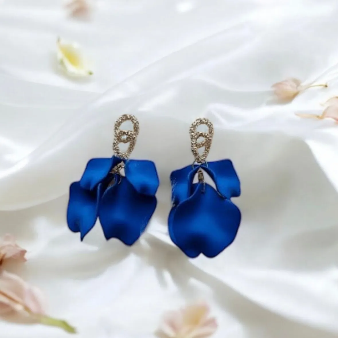 Blue - Dark blue flower earrings | dangle petals baroque earrings | unique gold geometric floral earrings | bridal party wedding earrings