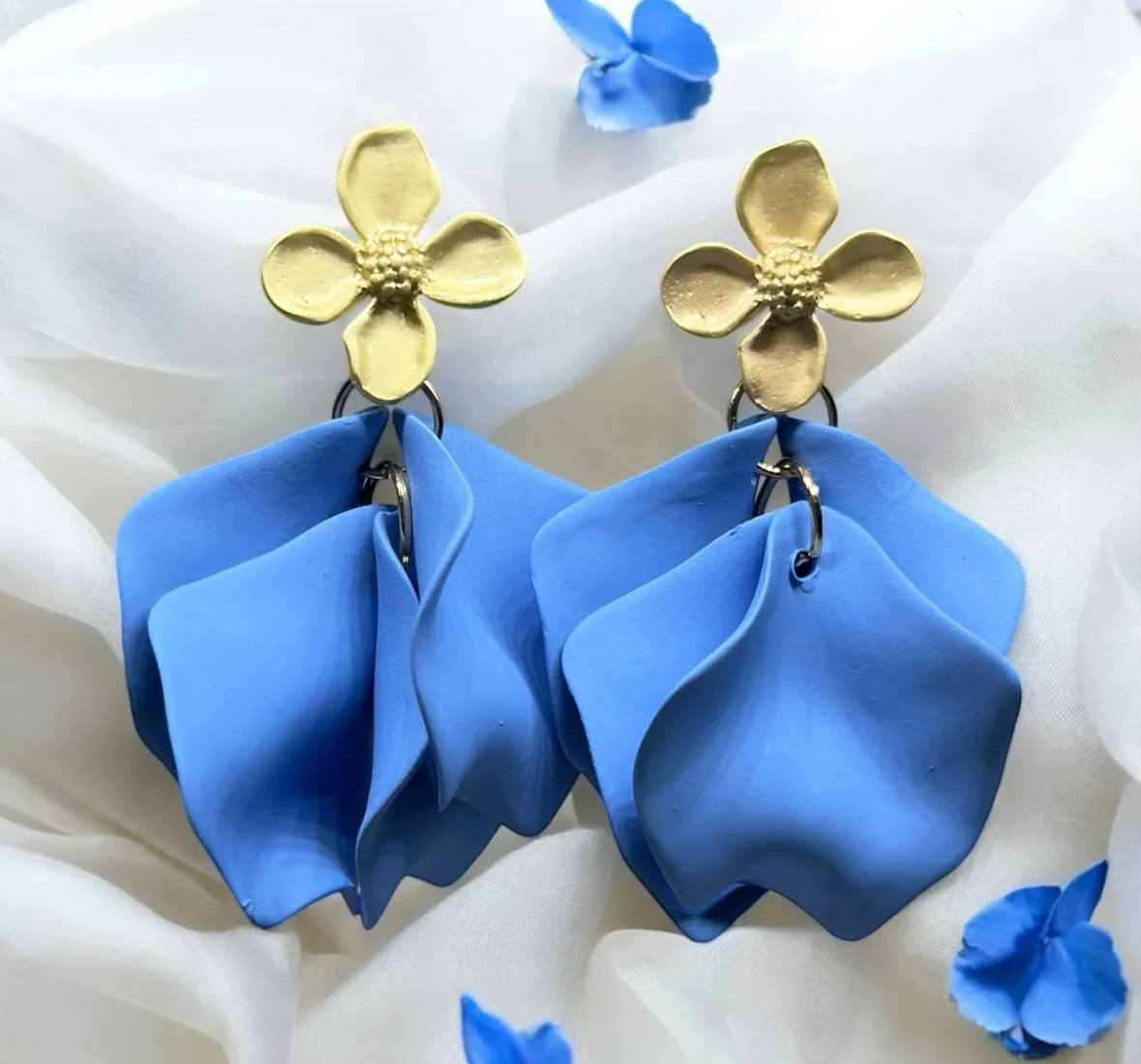 Blue - Pastel cornflower blue flower earrings |dangly earrings | matte petals colour statement earrings | unique gold geometric floral earrings