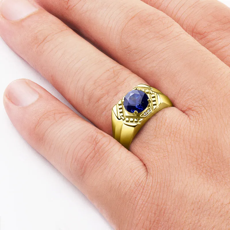 Blue Sapphire Men's Ring in 10k Yellow Gold with Genuine Diamonds, Statement Ring for Men