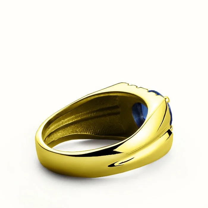 Blue Sapphire Men's Ring in 10k Yellow Gold with Genuine Diamonds, Statement Ring for Men