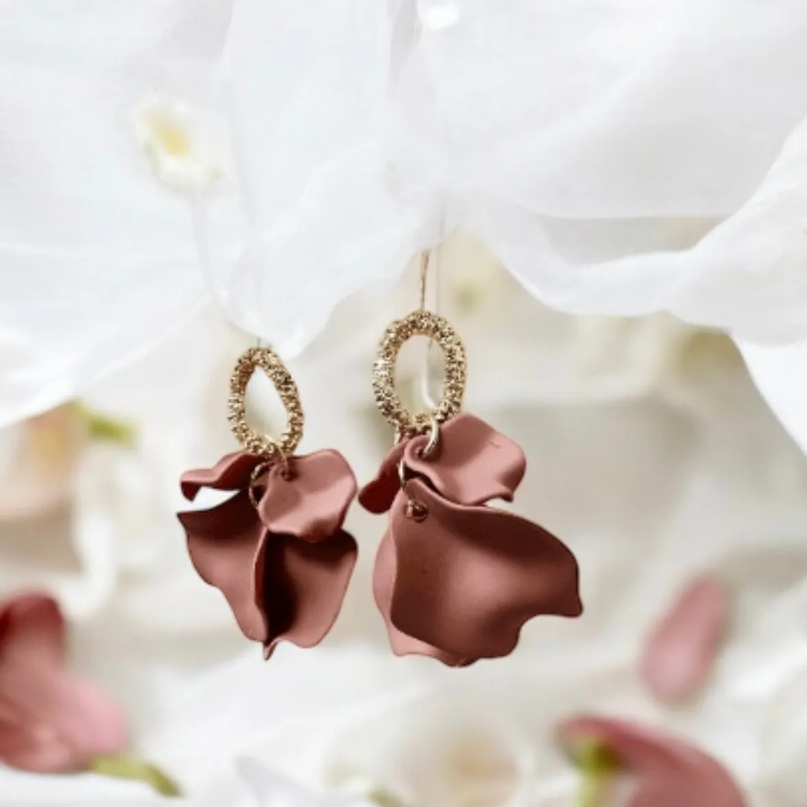 Brown - Latte brown flower earrings | dangle petals statement earrings | unique golden bar floral earrings | bridal party wedding earrings