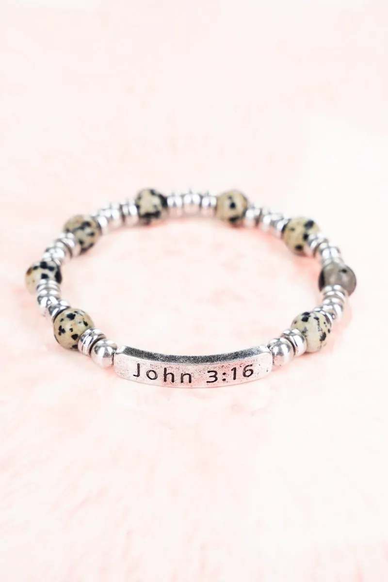 Celia Dalmatian Jasper Silvertone 'John 3:16'  Beaded Bracelet