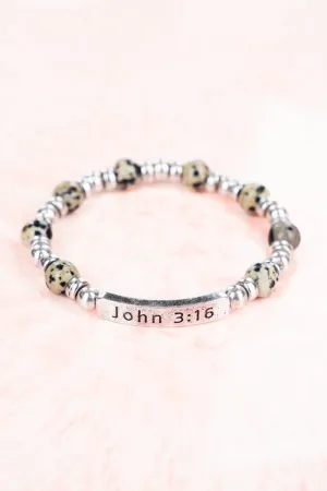 Celia Dalmatian Jasper Silvertone 'John 3:16'  Beaded Bracelet