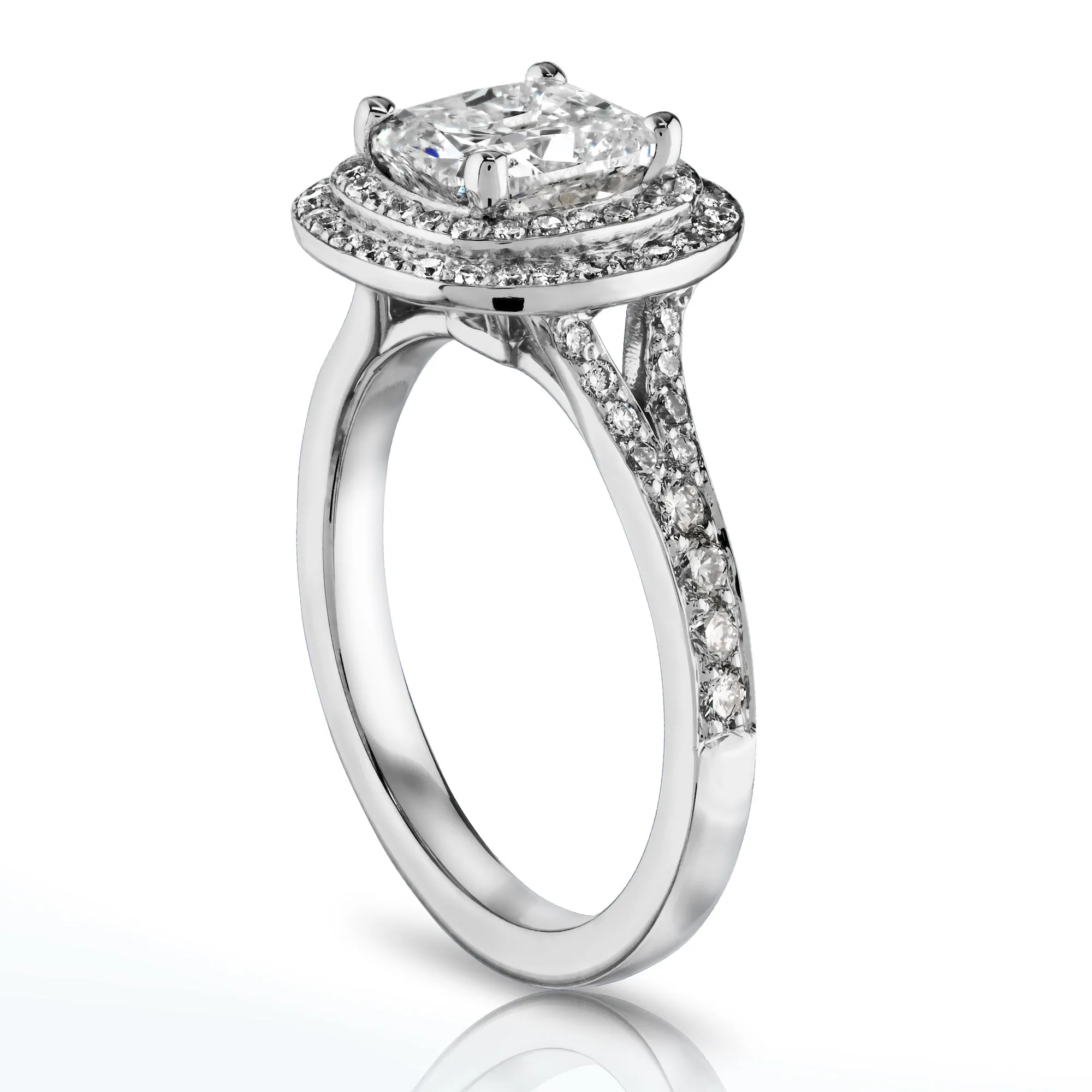 Cushion Cut Diamond Ring with Double Halo and Pave, 1.59 CT