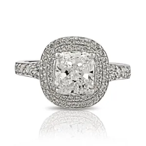 Cushion Cut Diamond Ring with Double Halo and Pave, 1.59 CT