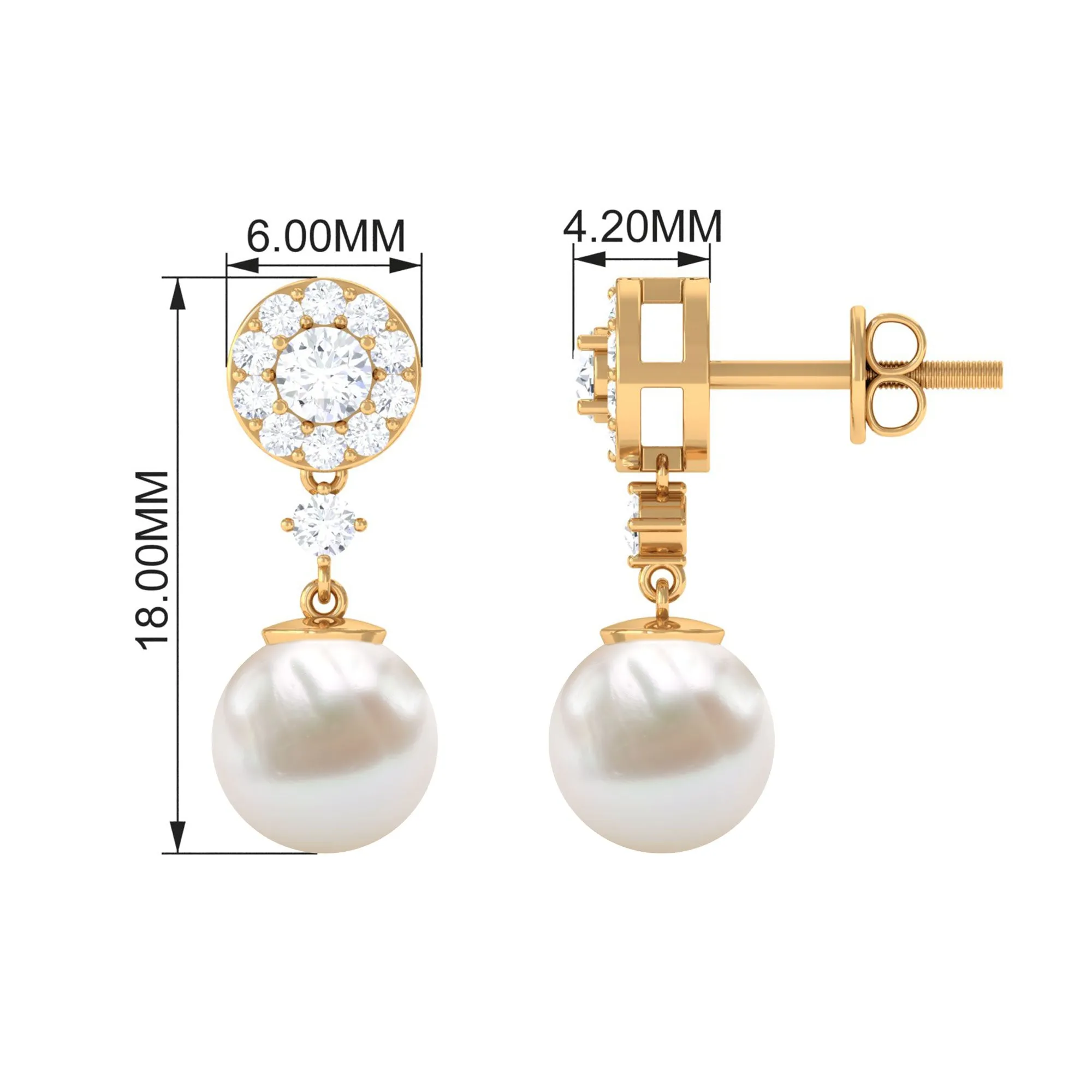 Elegant Freshwater Pearl Stud Drop Earrings with Diamond