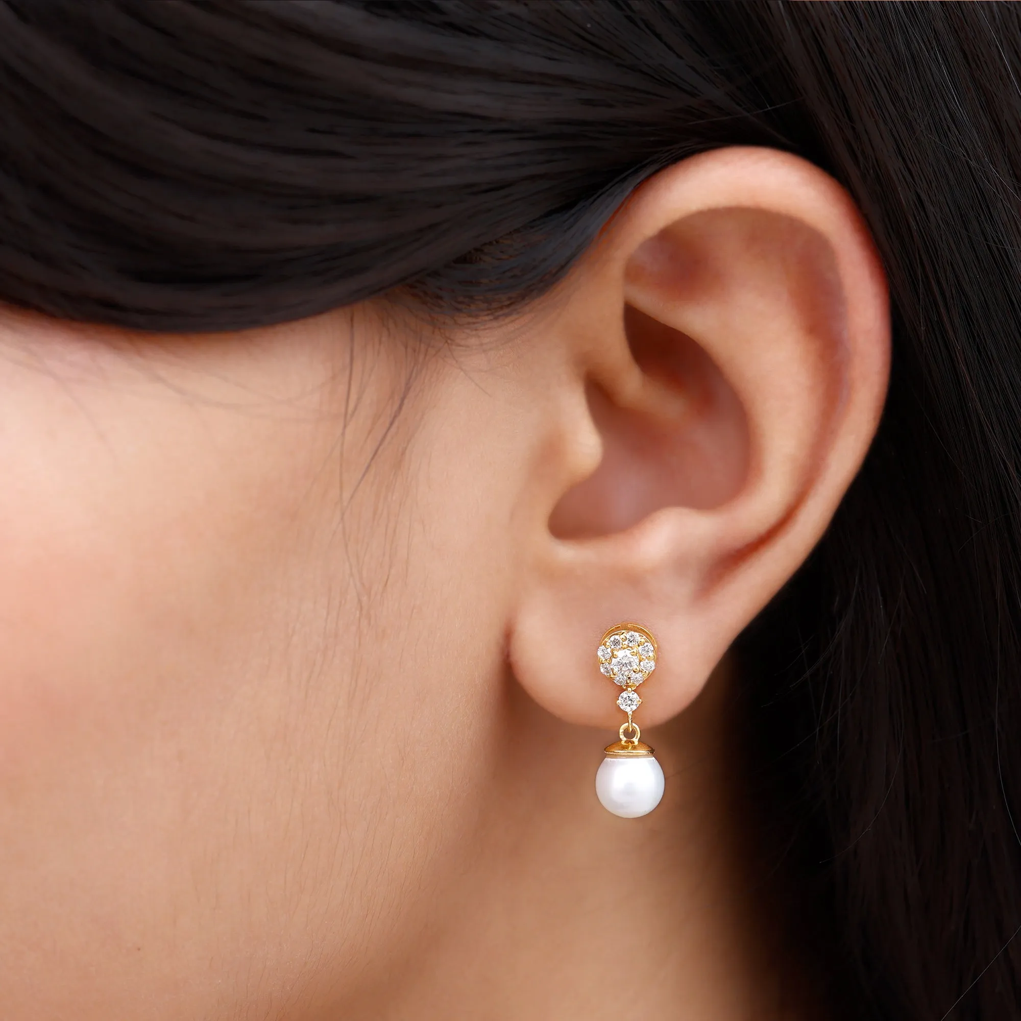 Elegant Freshwater Pearl Stud Drop Earrings with Diamond