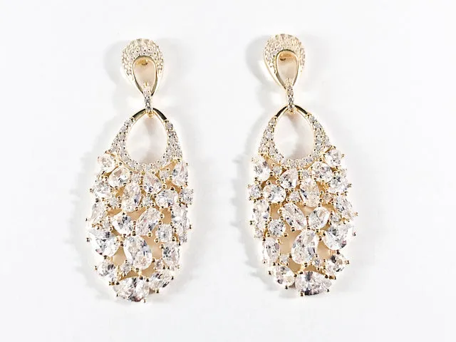 Elegant Multi Shape CZ Fill Pattern Gold Tone Dangle Silver Earrings