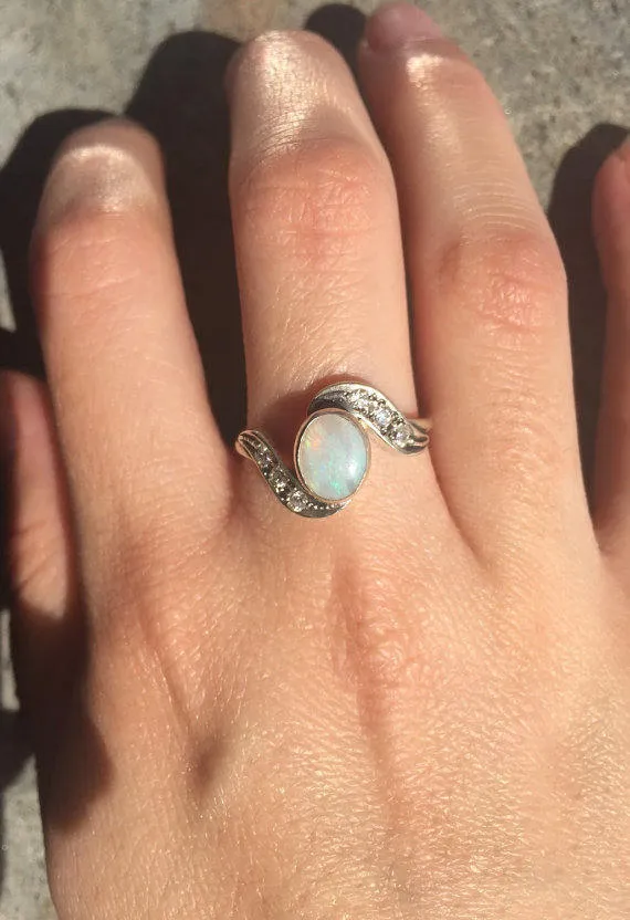 Elegant Opal Ring - White Bezel Ring - Opal Engagement Ring