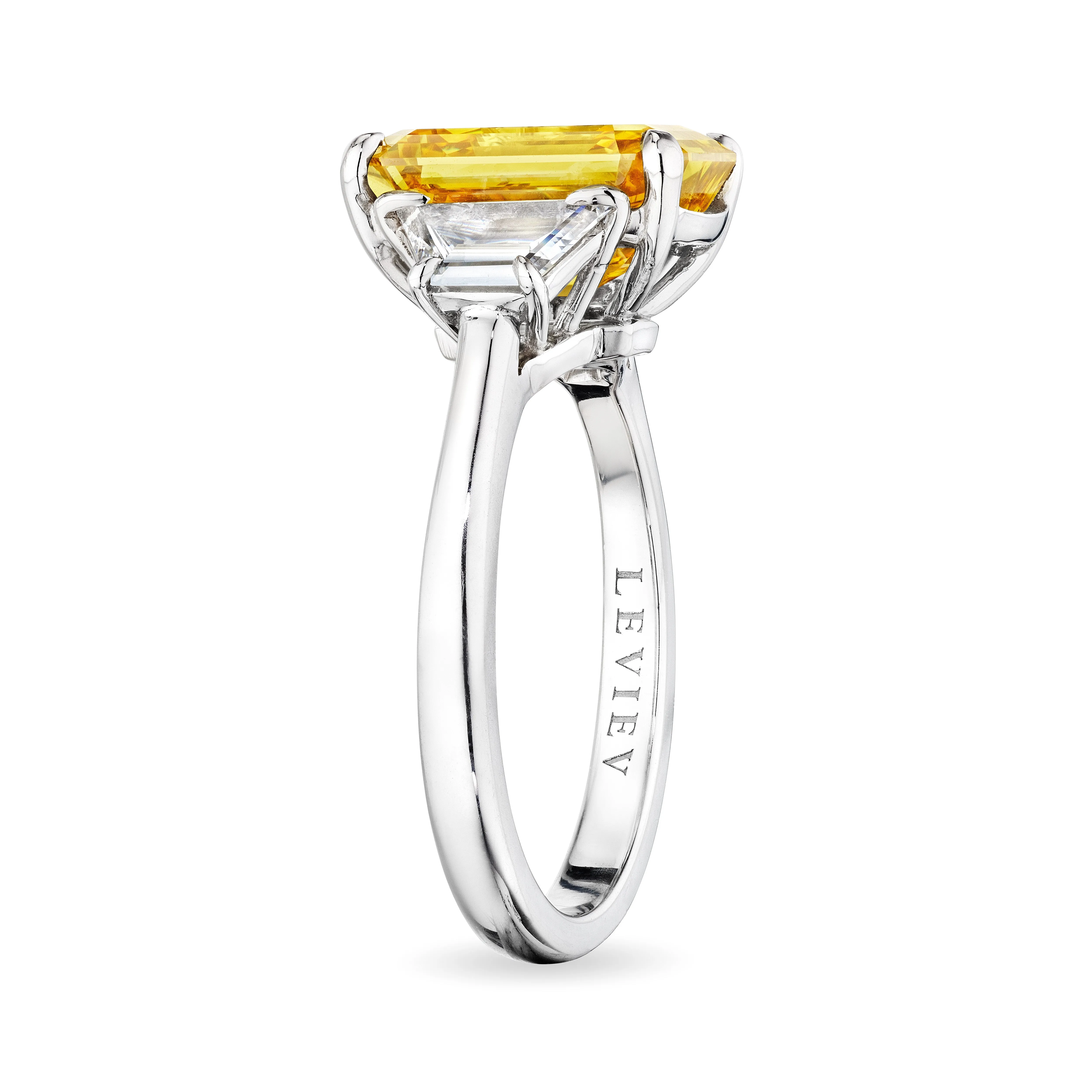 Emerald Cut Fancy Deep Brownish Yellow Diamond Ring with Trapezoids, 4 CT