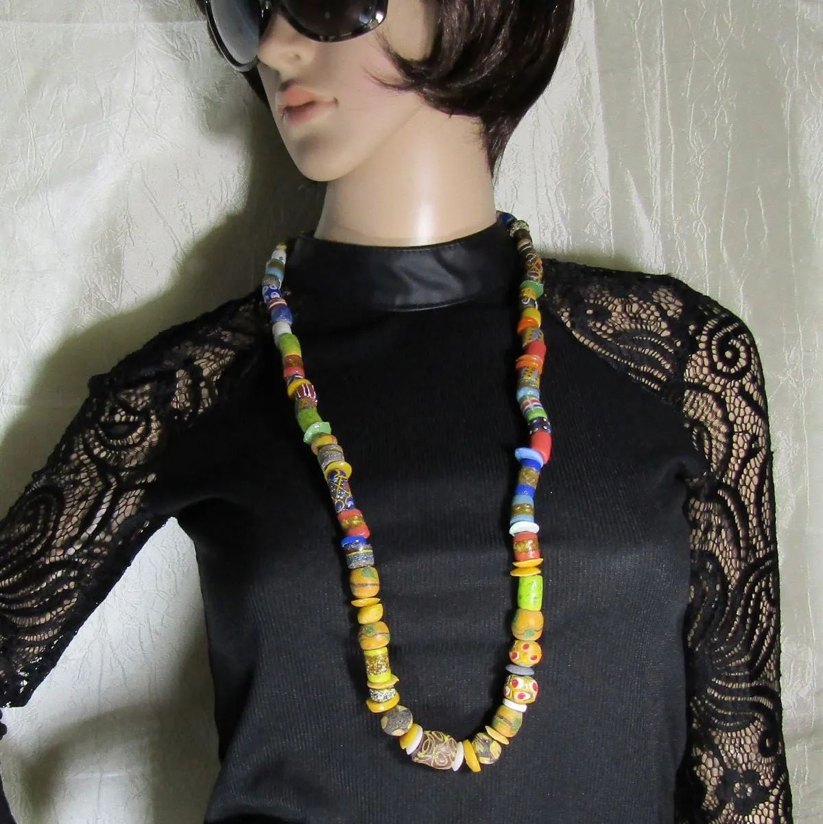 Extrra Long Handmade West African Krobo Trade Bead Necklace