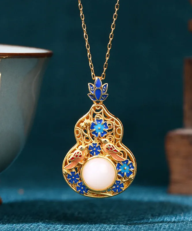 Fine Blue Ancient Gold Jade Enamel Lotus Flower Gourd Pendant Necklace KX1073