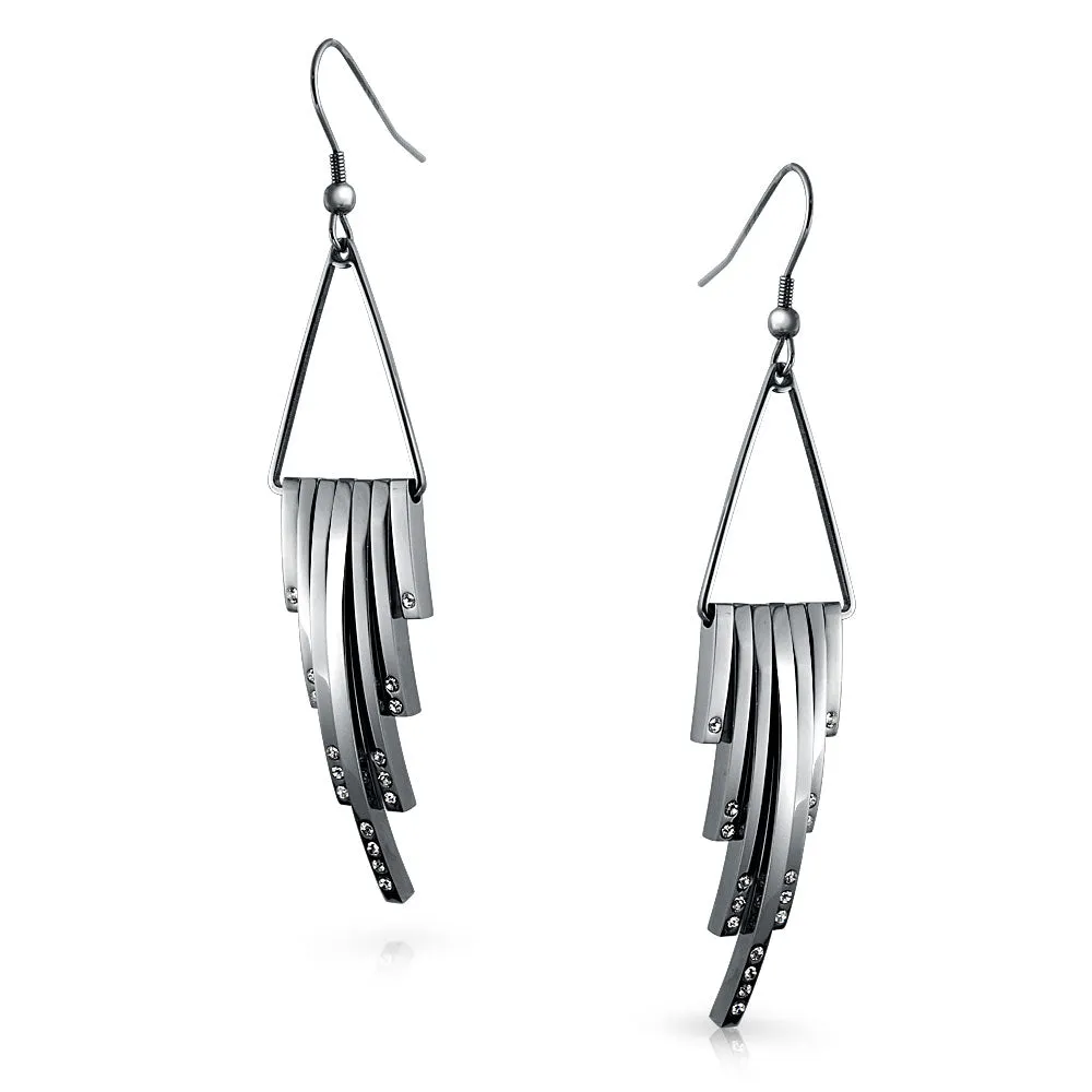 Geometric Art Deco Dangle Earrings with Crystal Accent in Silver Tone Steel