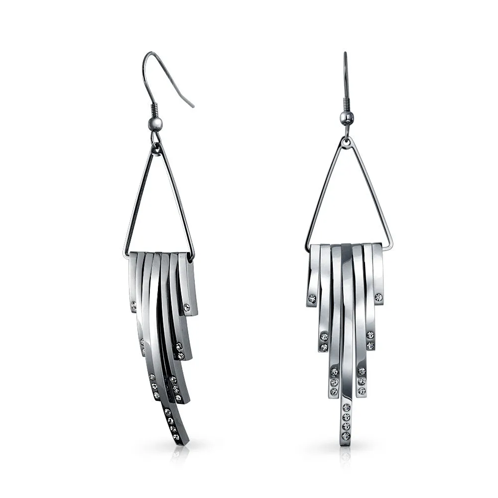 Geometric Art Deco Dangle Earrings with Crystal Accent in Silver Tone Steel